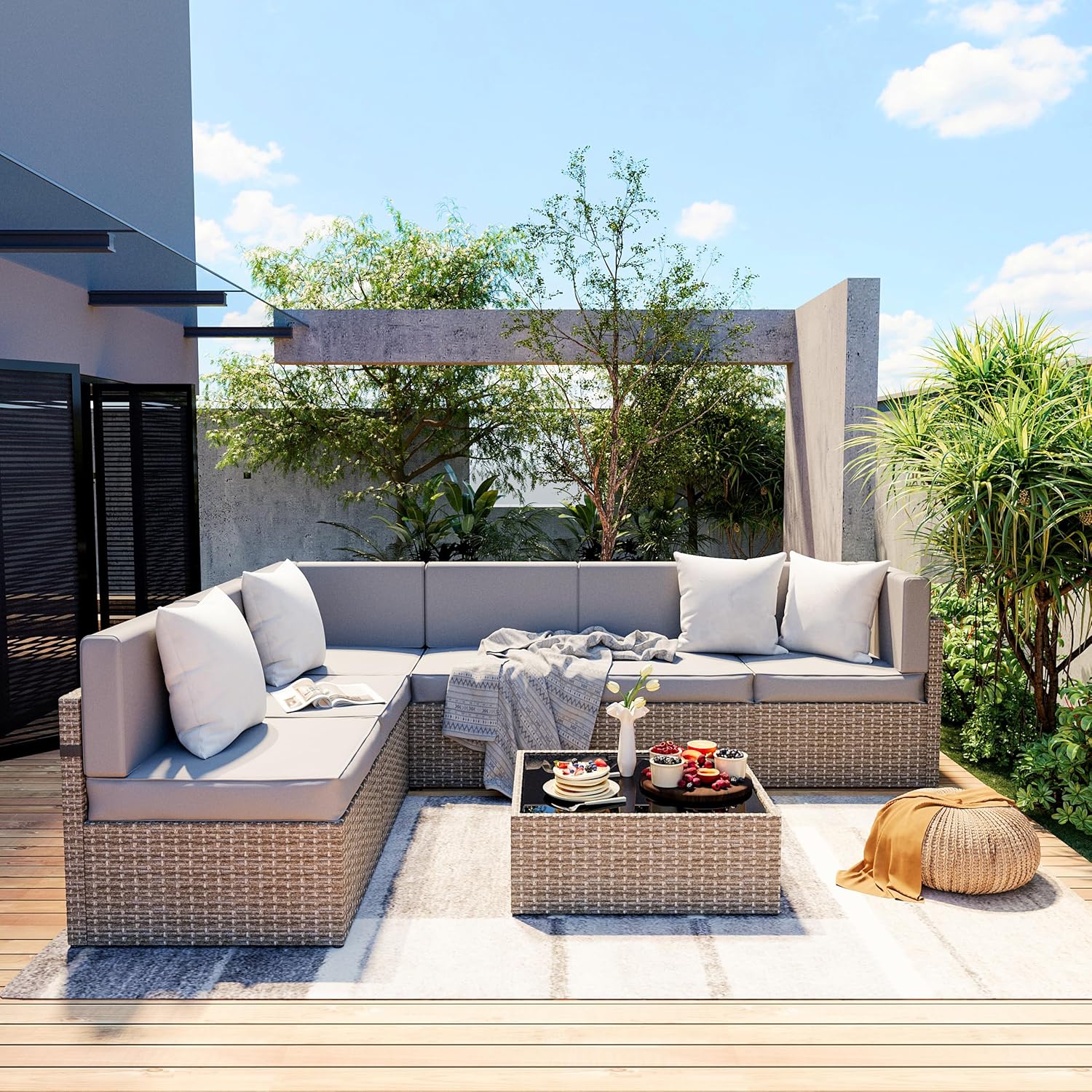 Outdoor Furniture Fabric Waterproof - 7pc All-Weather Wicker Sectional Sofa Set