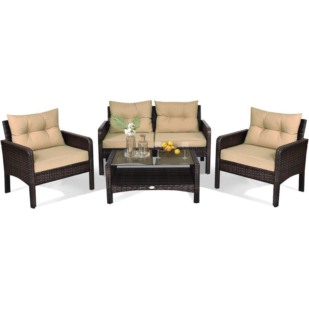 Outdoor Furniture With Storage For Cushions - 4-Piece Outdoor Wicker Patio Furniture Set